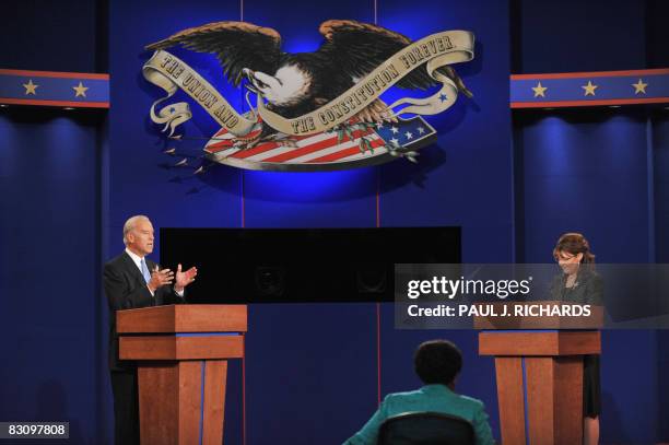 Republican Sarah Palin and Democrat Joseph Biden participate in the vice presidential debate October 2, 2008 at Washington University in St. Louis,...