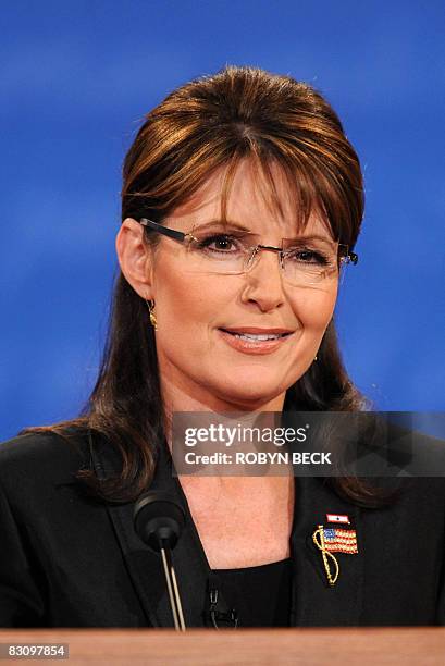 Republican Sarah Palin participates in the vice presidential debate with Democrat Joseph Biden October 2, 2008 at Washington University in St. Louis,...