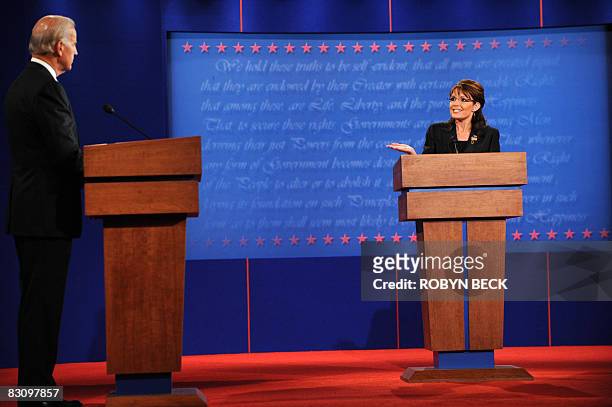 Republican Sarah Palin and Democrat Joseph Biden participate in the vice presidential debate October 2, 2008 at Washington University in St. Louis,...