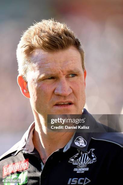 Magpies head coach Nathan Buckley walks from the field during the round 21 AFL match between Port Adelaide Power and the Collingwood Magpies at...