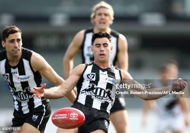Jack Blair of Collingwood kicks during the round 16 VFL match between the Collingwood Magpies and North Ballarat at Victoria Park on August 13, 2017...