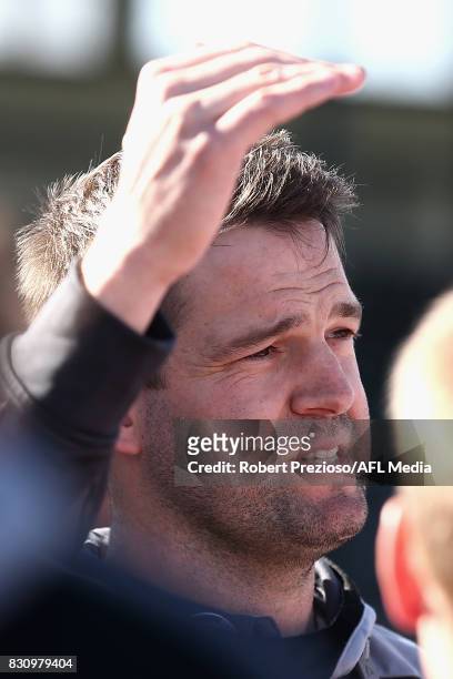 Jared Rivers coach of Collingwood speaks during the round 16 VFL match between the Collingwood Magpies and North Ballarat at Victoria Park on August...