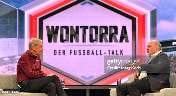 Alternative crop; UNTERFOHRING, GERMANY Joerg Wontorra talks to Uli Hoeness during the first airing of the new talk show 'Joerg Wontorra und Gaeste'...