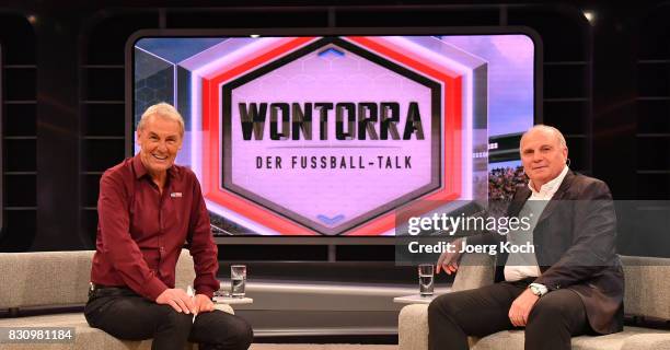 Joerg Wontorra talks to Uli Hoeness during the first airing of the new talk show 'Joerg Wontorra und Gaeste' on August 13, 2017 in Munich, Germany.