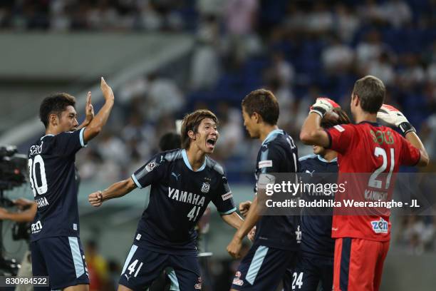 Shohei Takahashi and Jubilo Iwata players celebrate their 2-0 victory in the J.League J1 match between Gamba Osaka and Jubilo Iwata at Suita City...