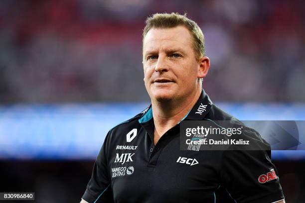 Michael Voss midfield manager of the Power looks on during the round 21 AFL match between Port Adelaide Power and the Collingwood Magpies at Adelaide...
