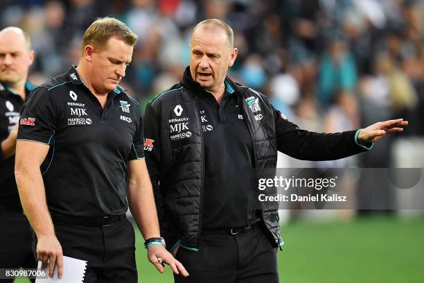 Michael Voss midfield manager of the Power and Ken Hinkley the coach of the Power walk from the ground during the round 21 AFL match between Port...