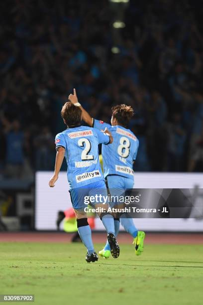 Hiroyuki Abe of Kawasaki Frontale celebrates scoring his side's second goal with his team mateKyohei Noborizato during the J.League J1 match between...