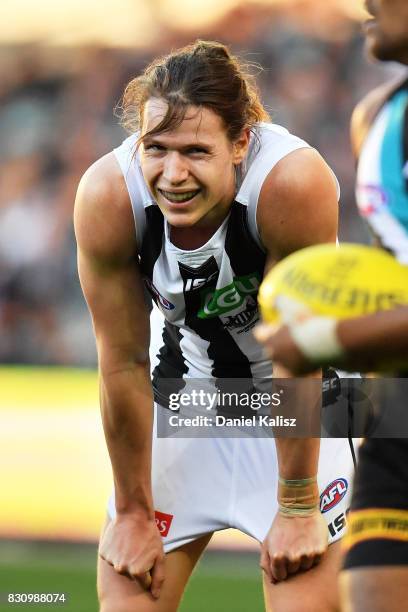 Tom Langdon of the Magpies looks on during the round 21 AFL match between Port Adelaide Power and the Collingwood Magpies at Adelaide Oval on August...