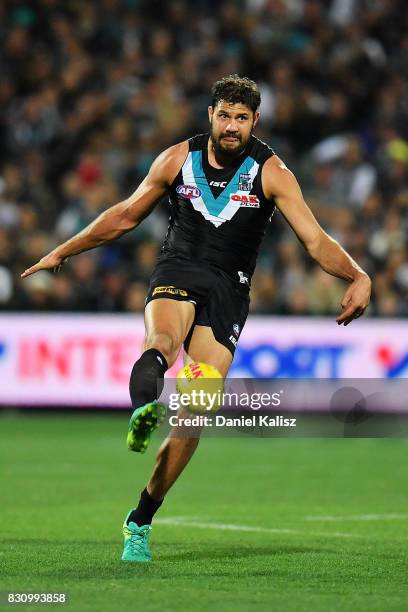 Patrick Ryder of the Power kicks the ball during the round 21 AFL match between Port Adelaide Power and the Collingwood Magpies at Adelaide Oval on...