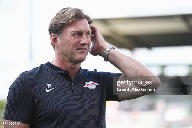 Head coach Ralph Hasenhuettl of Leipzig looks on prior to the DFB Cup first round match between Sportfreunde Dorfmerkingen and RB Leipzig at...