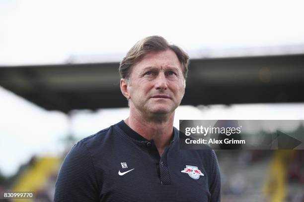 Head coach Ralph Hasenhuettl of Leipzig looks on prior to the DFB Cup first round match between Sportfreunde Dorfmerkingen and RB Leipzig at...