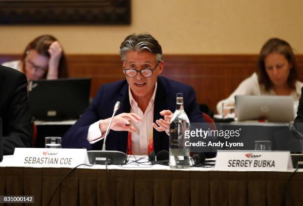 Sebastian Coe the IAAF President talks with to the council members during the 211th IAAF Council Meeting on August 13, 2017 in London, England.