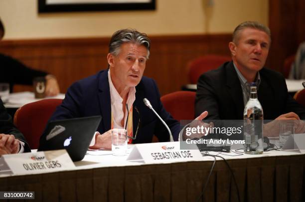 Sebastian Coe the IAAF President with Sergey Bubka, IAAF Senior Vice President to his right talks with to the council members during the 211th IAAF...