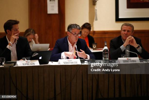 Sebastian Coe the IAAF President with Olivier Gers, CEO of IAAF to his left and Sergey Bubka, IAAF Senior Vice President to his right talks with to...