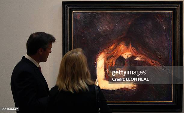 Painting entitled "Vampire" by Edvard Munch is displayed at the Sotheby's auction house in London, on October 3, 2008. The 1893 painting is expected...