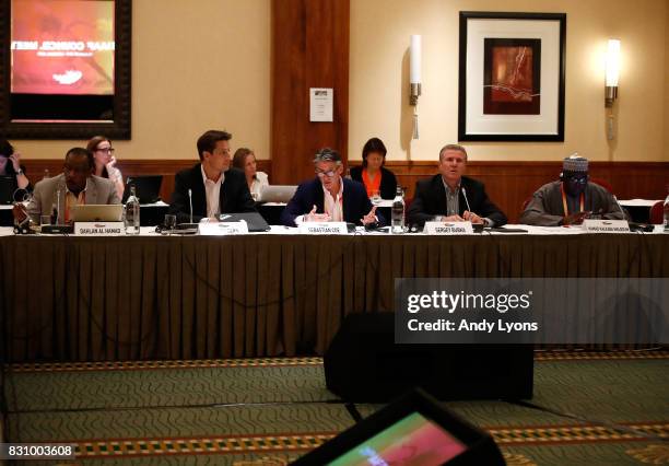 Sebastian Coe the IAAF President talks to the council members with Dahlan Jumaan Al Hamad, Olivier Gers on his left and Sergey Bubka ,Hamad Kalkaba...