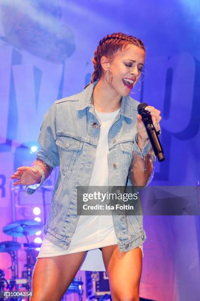 German singer Vanessa Mai performs at the SchlagerOlymp Open Air Festival at Freizeit und Erholungspark Luebars on August 12, 2017 in Berlin, Germany.