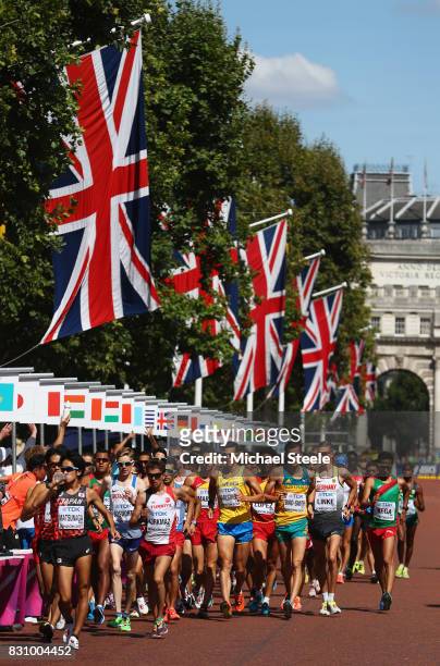 Daisuke Matsunaga of Japan leads the pack in the Men's 20km Race Walk final during day ten of the 16th IAAF World Athletics Championships London 2017...