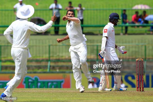 Indian cricketer Mohammed Shami celebrates after taking the wicket of Sri Lankan cricketer Dimuth Karunaratne during the 2nd Day's play in the 3rd...