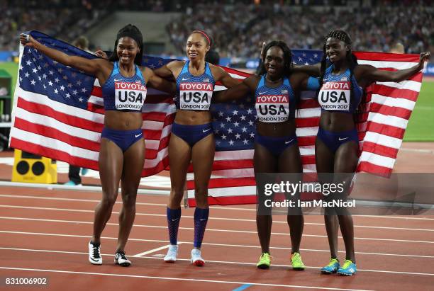 Aaliyah Brown, Allyson Felix, Morolake Akinosun and Tori Bowie of United States celebrates after the Women's 4x100m Relay final during day nine of...