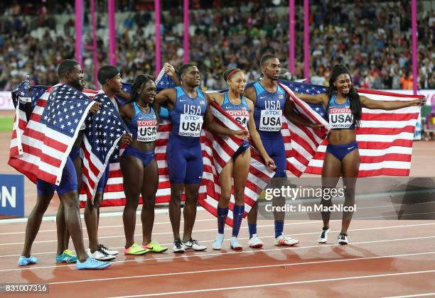 Aaliyah Brown, Allyson Felix, Morolake Akinosun,Tori Bowie, Mike Rodgers, Justin Gatlin, Jaylen Bacon and Christian Coleman of United States...