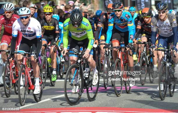 Alexander Kristoff , Green Jersey August Jensen and Blue-Orange Leader Jersey Dylan Teuns of BMC Racing Team at the start of the fourth stage, the...