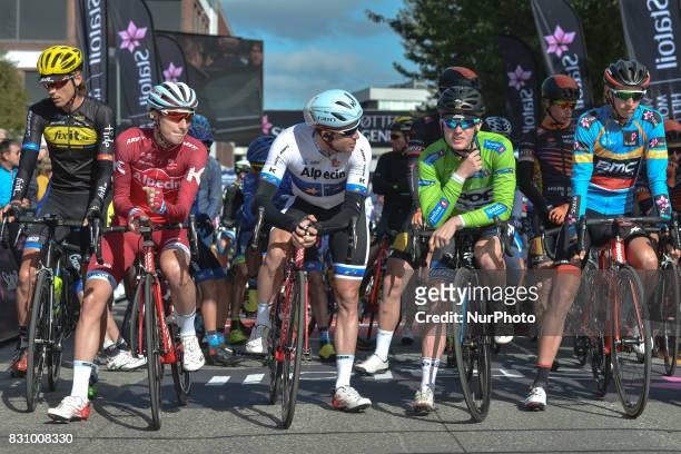 Alexander Kristoff , Green Jersey August Jensen and Blue-Orange Leader Jersey Dylan Teuns of BMC Racing Team at the start of the fourth stage, the...