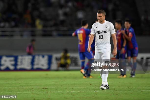 Lukas Podolski of Vissel Kobe shows dejection after his side's 0-1 defeat in the J.League J1 match between FC Tokyo and Vissel Kobe at Ajinomoto...