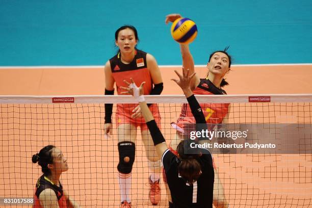 Rui Lei Huang of China spikes during the 19th Asian Senior Women's Volleyball Championship 2017 Classification match between Thailand and China at...