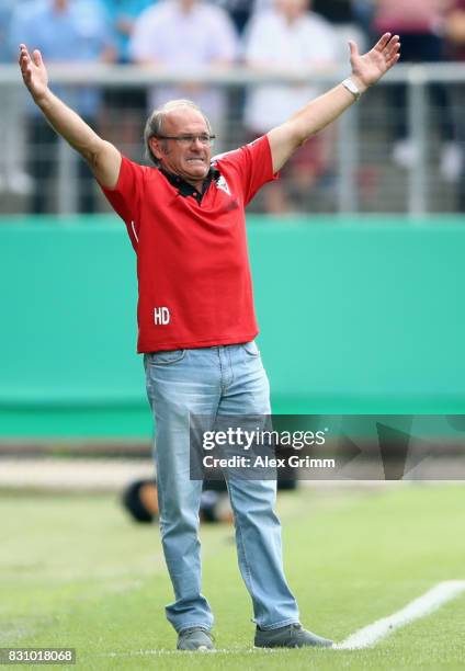 Head coach Helmut Dietterle of Dorfmerkingen reacts during the DFB Cup first round match between Sportfreunde Dorfmerkingen and RB Leipzig at...