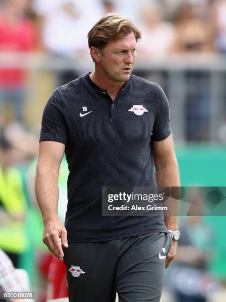 Head coach Ralph Hasenhuettl of Leipzig reacts during the DFB Cup first round match between Sportfreunde Dorfmerkingen and RB Leipzig at Ostalb-Arena...