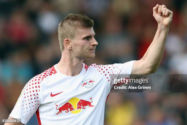 Timo Werner of Leipzig celebrates his team's third goal during the DFB Cup first round match between Sportfreunde Dorfmerkingen and RB Leipzig at...