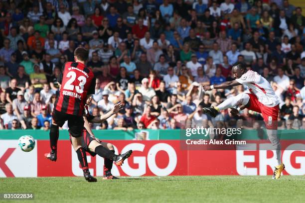 Naby Keita of Leipzig scores his team's fifth goal during the DFB Cup first round match between Sportfreunde Dorfmerkingen and RB Leipzig at...