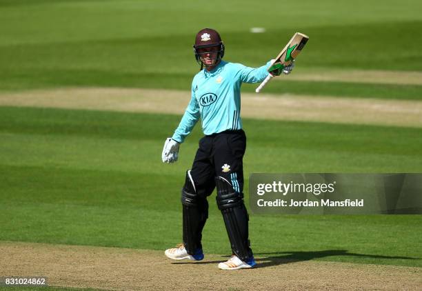 Jason Roy of Surrey celebrates his half-century during the NatWest T20 Blast match between Surrey and Sussex Shark at The Kia Oval on August 13, 2017...