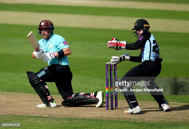 Aaron Finch of Surrey bats during the NatWest T20 Blast match between Surrey and Sussex Shark at The Kia Oval on August 13, 2017 in London, England.