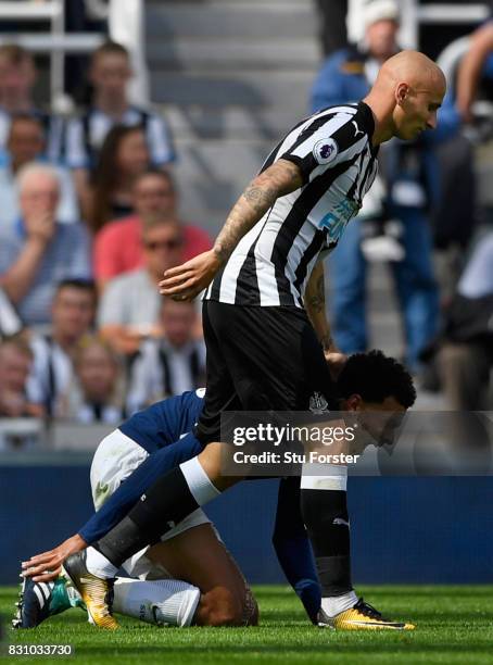 Dele Alli of Tottenham Hotspur reacts leading to a red card for Jonjo Shelvey of Newcastle United during the Premier League match between Newcastle...