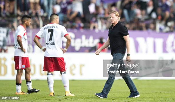 Head coach Markus Gisdol of Hamburg looks dejected after loosing the DFB Cup match between VfL Osnabrueck and Hamburger SV at Osnatel Arena on August...