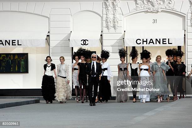 Karl Lagerfeld and models walk down the runway during the Chanel PFW Spring Summer 2009 show at Paris Fashion Week 2008 at Grand Palais on October 3,...