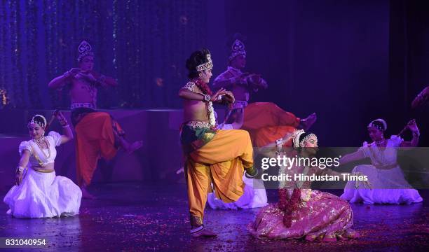 Artists perform a dance drama depicting life of Lord Krishna from his birth to his emancipation, organised by Shriram Bhartiya Kala Kendra at Kamani...