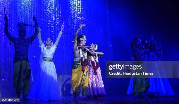 Artists perform a dance drama depicting life of Lord Krishna from his birth to his emancipation, organised by Shriram Bhartiya Kala Kendra at Kamani...