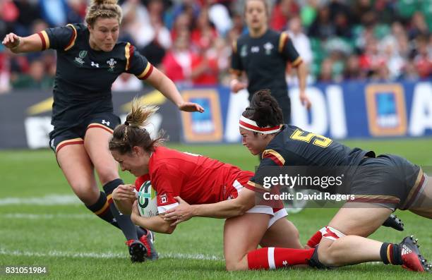 Lori Josephson of Canada dives over to score a try during the Women's Rugby World Cup 2017 match between Canada and Wales on August 13, 2017 in...