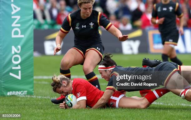 Lori Josephson of Canada dives over to score a try during the Women's Rugby World Cup 2017 match between Canada and Wales on August 13, 2017 in...