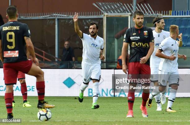 Karim Laribi celebrates after penalty 0-1 during the TIM Cup match between Genoa CFC and AC Cesena at Stadio Luigi Ferraris on August 13, 2017 in...