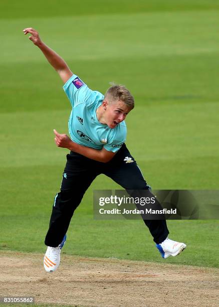 Sam Curran of Surrey bowls during the NatWest T20 Blast match between Surrey and Sussex Shark at The Kia Oval on August 13, 2017 in London, England.