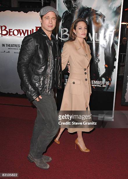 Actor Brad Pitt and Actress Angelina Jolie arrive at the Los Angeles Premiere of "Beowulf" at Westwood Village on November 5, 2007 in Weswood,...