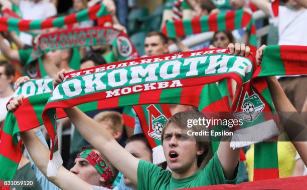 The fans of FC Lokomotiv Moscow during the Russian Premier League match between FC Lokomotiv Moscow and FC Tosno at Lokomotiv stadium on August 13,...