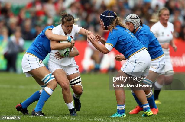 Katy Mclean is tackled during the Women's Rugby World Cup 2017 between England and Italy on August 13, 2017 in Dublin, Ireland.