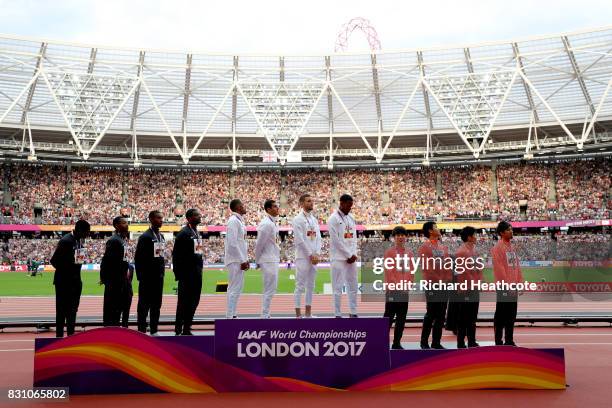 Mike Rodgers, Justin Gatlin, Jaylen Bacon and Christian Coleman of the United States, silver, Chijindu Ujah, Adam Gemili, Daniel Talbot and Nethaneel...