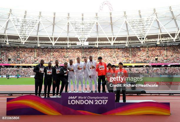 Mike Rodgers, Justin Gatlin, Jaylen Bacon and Christian Coleman of the United States, silver, Chijindu Ujah, Adam Gemili, Daniel Talbot and Nethaneel...